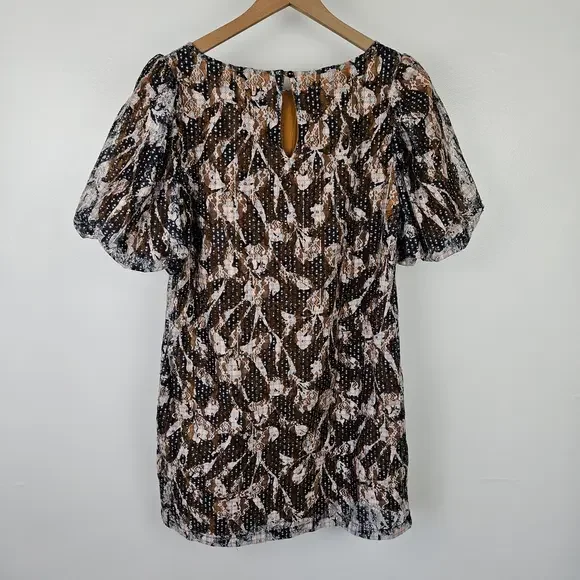 The Korner Lace Floral Puff Sleeve Mini Dress Sz M Mustard Navy Shift Tunic Top - Picture 7 of 9